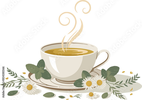 Cup of Herbal Tea with Chamomile Flowers and Mint Sprigs Decorative Vector Illustration Design on Transparent Background