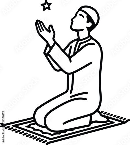 Muslim pray with praying mat and star in sky line icon vector isolated on transparent background can be used