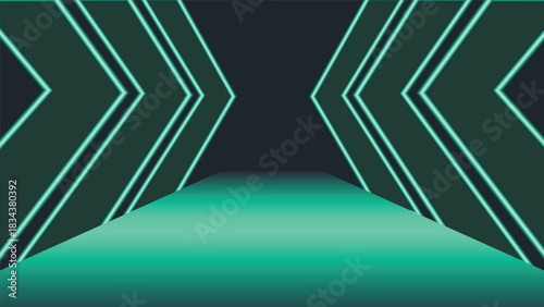 Futuristic neon arrow background featuring glowing turquoise lines and a modern tunnel style layout ideal for tech themes gaming designs digital interfaces and creative abstract visuals