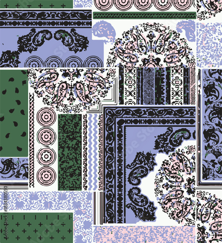 seamless patchwork paisley pattern on background.Seamless patchwork design vector fabric design. Vector graphic tile for interior and clothing fabric or ceramic tiles