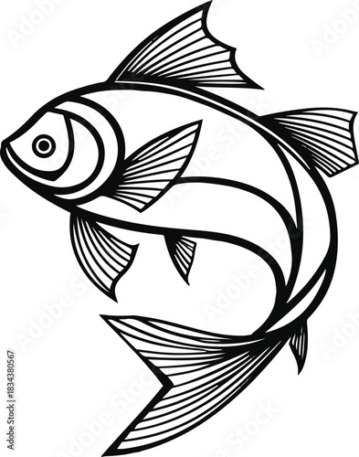 Minimal line art of a fish composed of geometric arcs and triangles, creating an abstract aquatic silhouette 2