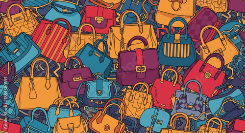 A colorful and vibrant collection of assorted handbags arranged in a lively, overlapping pattern.