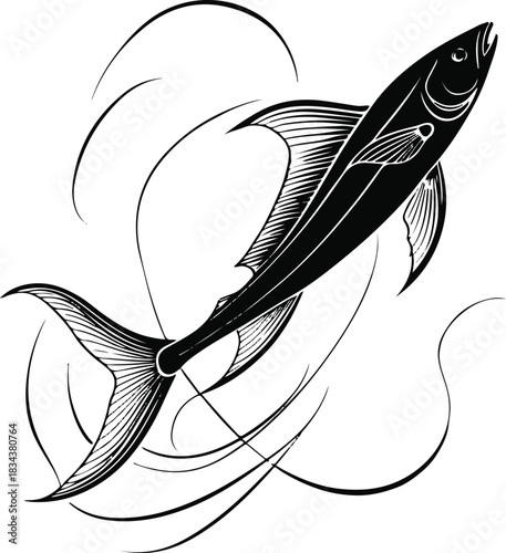 Single-stroke outline of a graceful fish gliding upward, with flowing fins forming elegant curved shapes in negative space 2.