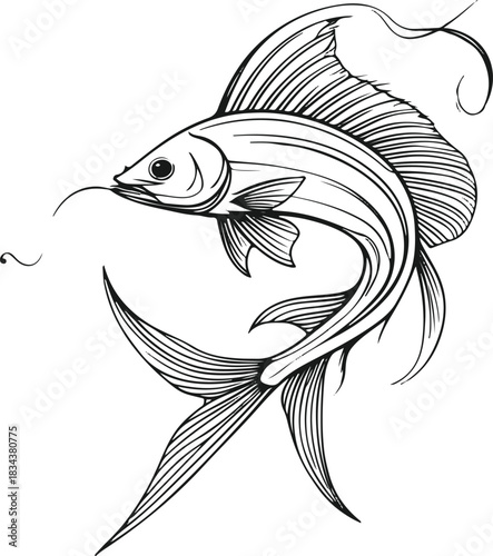 Single-stroke outline of a graceful fish gliding upward, with flowing fins forming elegant curved shapes in negative space 1
