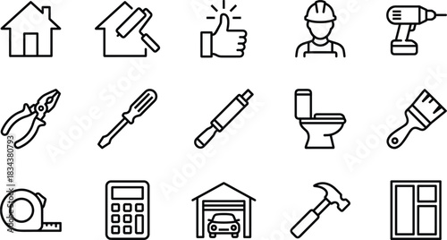 Home improvement icons, construction tools, renovation equipment, DIY repair, handyman services, vector illustration, black and white, house maintenance, interior upgrades