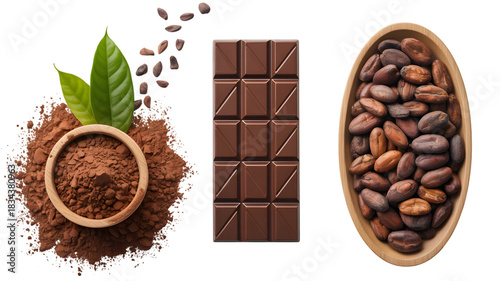 Chocolate bar cocoa beans and powder isolated on transparent background