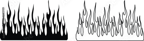 Black flame icon set in flat and line style, fire silhouette collection with tribal blaze shapes and decorative heat graphic group, monochrome burning element pack with synonym illustration