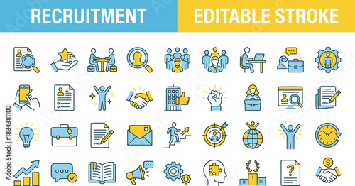 Recruitment icons, editable stroke, HR process, candidate selection, job interview, resume, teamwork, career growth, office communication, business vector, minimal style