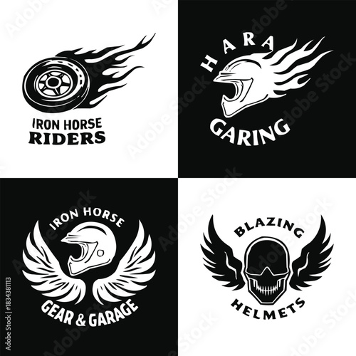 Vintage motorcycle helmet, wheel and skull emblem set with flames and wings for biker club graphic design