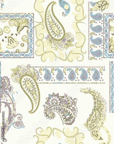 seamless patchwork paisley pattern on background.Seamless patchwork design vector fabric design. Vector graphic tile for interior and clothing fabric or ceramic tiles