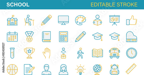 School icons, education tools, academic symbols, student activities, learning resources, colorful vector illustration, editable stroke, classroom elements, achievement, creativity, study