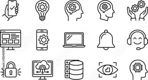 Technology icons set, innovation, artificial intelligence, cloud computing, mobile development, data security, digital services, user interface, machine learning, web design, vector illustration