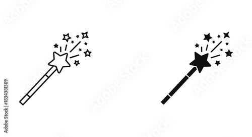 Magic Wand with Sparkles Icon Set - Outline and Solid Vector Illustration
