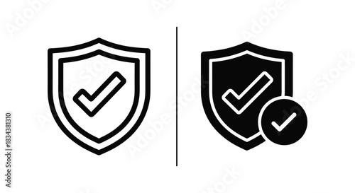 Security Shield with Checkmark Icons - Protection, Verification, and Approval Symbols in Outline and Glyph Styles