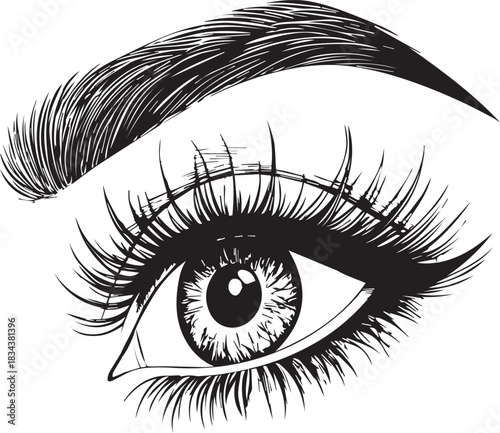 Close up illustration of a human eye with long eyelashes and detailed eyebrow, artistic depiction of a female eye