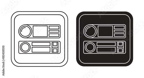 Car Stereo Head Unit Icons - Vector Illustration of Automotive Audio System in Outline and Solid Glyph Styles