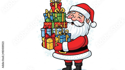 Santa claus holding a large stack of colorful christmas presents