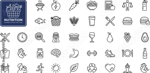 Complete nutrition icon set featuring healthy foods, wellness, diet planning, fitness, vitamins, organic ingredients, weight management, and lifestyle elements in clean line style.