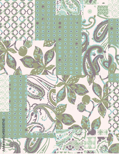seamless patchwork paisley pattern on background.Seamless patchwork design vector fabric design. Vector graphic tile for interior and clothing fabric or ceramic tiles