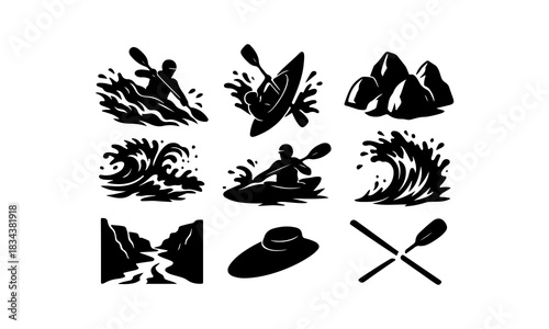 Black and white kayaking and water sports icons set