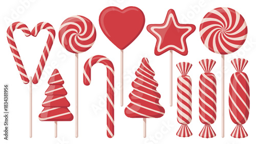 A collection of red and white striped candy illustrations arranged on a white background 