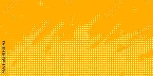 Yellow halftone pattern. Retro comic gradient background. Bright orange pixelated dotted texture overlay. Cartoon pop art faded gradient pattern. Vector backdrop for poster, banner, advertisement