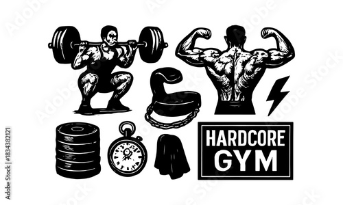 Vintage fitness and bodybuilding icons for a hardcore gym