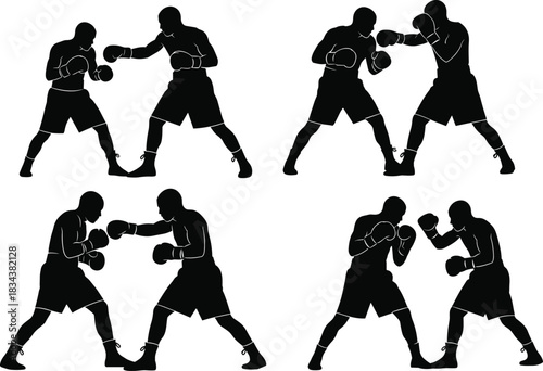 Dynamic Boxing Fighters Silhouettes Vector Set, Illustrating Male Boxers Sparring, Punching, and Fighting in the Ring, Emphasizing Combat Sport, Strength Training, Competition, and Professional 