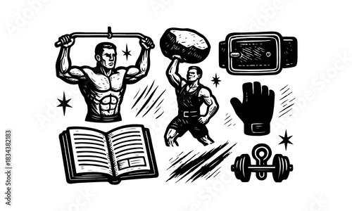 Vintage fitness and strength training illustrations