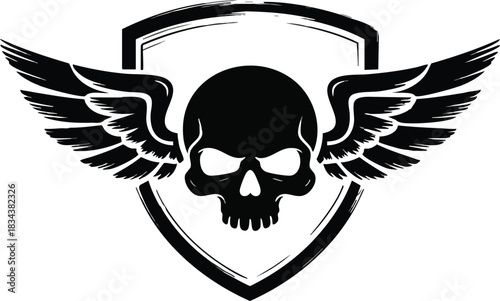 Bold skull with wings emblem on shield for striking logo or edgy tattoo design, ideal for gothic fashion, band merchandise, and rebellious brand aesthetics