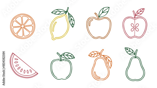 Line art fruit set with citrus lemon apple watermelon and pear outline icons in colourful minimalist style