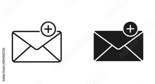 Email with Plus Sign Icons: Add New Message Symbol in Outline and Solid Styles