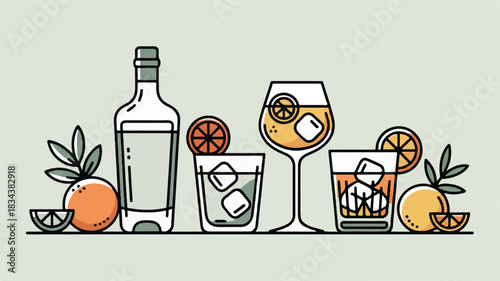 A minimalist line art illustration of cocktail elements on a light gray background. 