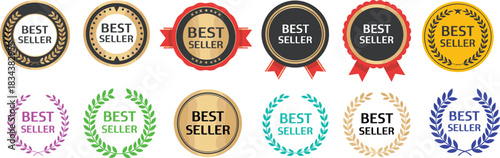 Colorful best seller badge set with ribbons, laurels, and metallic styles — perfect for e-commerce, branding, and promotional design