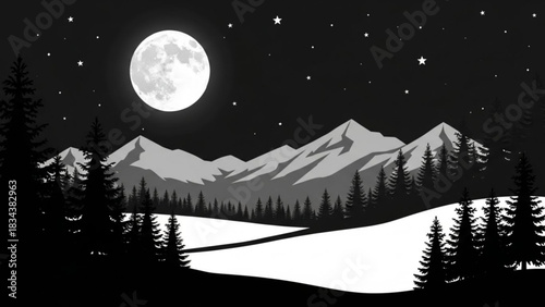 Serene night landscape with full moon and snow covered mountains