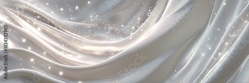 Abstract background of flowing white satin or silk fabric with delicate sparkling particles creating a soft luxurious texture.