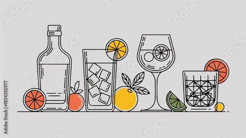 A minimalist line art illustration of cocktail elements on a light gray background. 