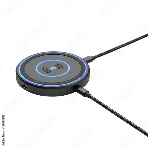 Wireless charging device with a sleek design and connected cables for power.