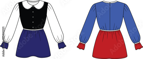 Vector illustration of women's dress fashion flat sketch front and back view with long puff sleeves and peter pan collar.
