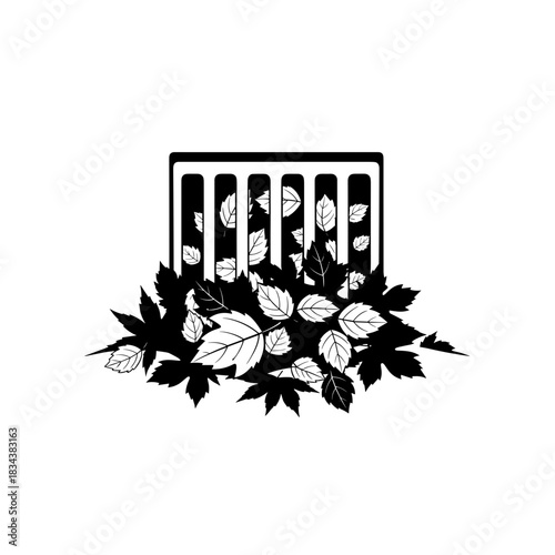Leaves covering storm drain, minimalist design, environmental awareness, black silhouette on transparent background