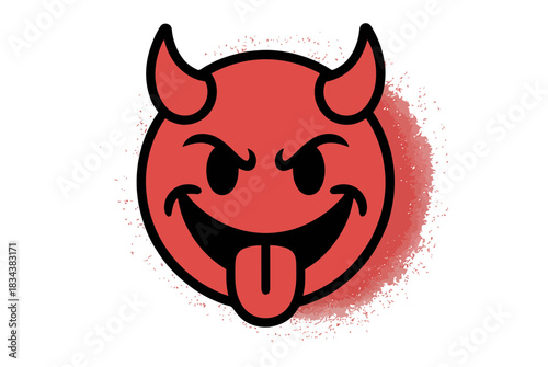 Illustration of a red devil emoji with horns, a mischievous expression, and tongue out
