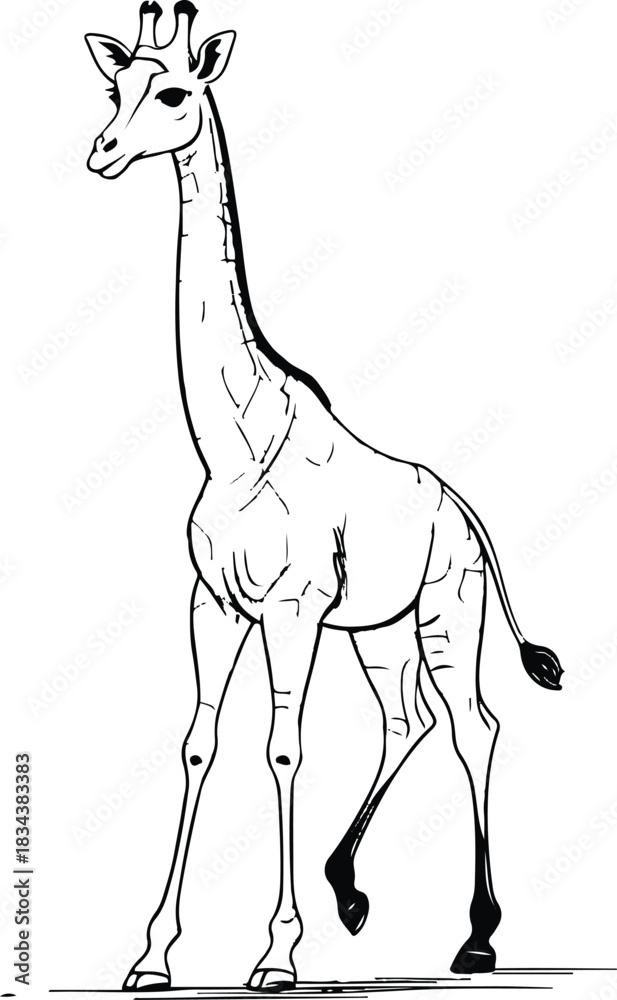 Fototapeta premium Thin-line illustration of a giraffe walking gracefully, with simplified limb shapes and a clean linear style 2