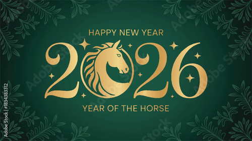 A New Year greeting card design with a deep emerald green background featuring a golden 2026 text in an elegant serif font