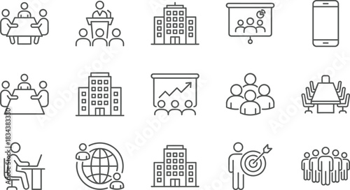 Business meeting and office line icons set, teamwork symbols, conference room, presentation chart, corporate building vector elements for management
