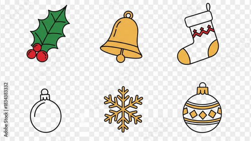 Collection of festive christmas icons including holly bell stocking and ornaments