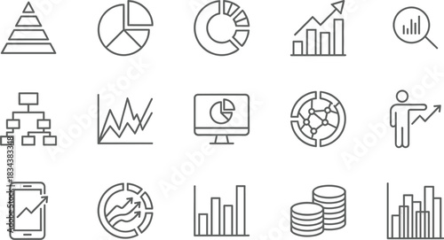 Business Statistics, Data Visualization, and Financial Reporting Line Icons Set, Featuring Charts, Graphs, Pyramid, Money, Growth, and Analysis Symbols, Simple Vector Outline.