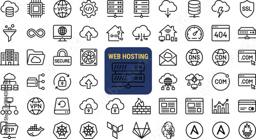 Comprehensive web hosting icon set featuring servers, cloud computing, cybersecurity, domains, networking, data management, and infrastructure tools in clean modern line style.