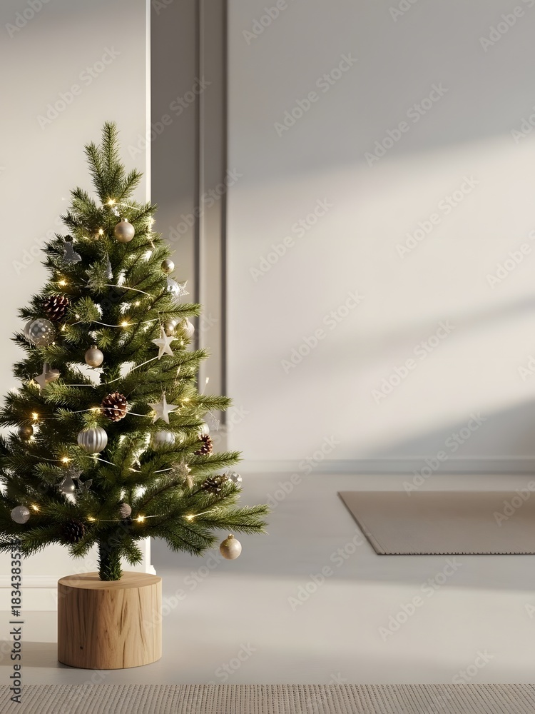 Fototapeta premium Small decorated christmas tree with warm lights on a wooden base