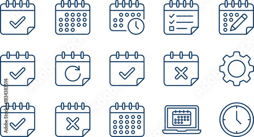 Calendar and schedule line icons set, time management symbols, appointment planning, date check, vector interface elements