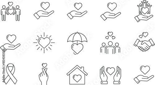 Charity and love line icons set, vector symbols for donation, volunteering, community support, care, heart, and helping hand. (19 words)